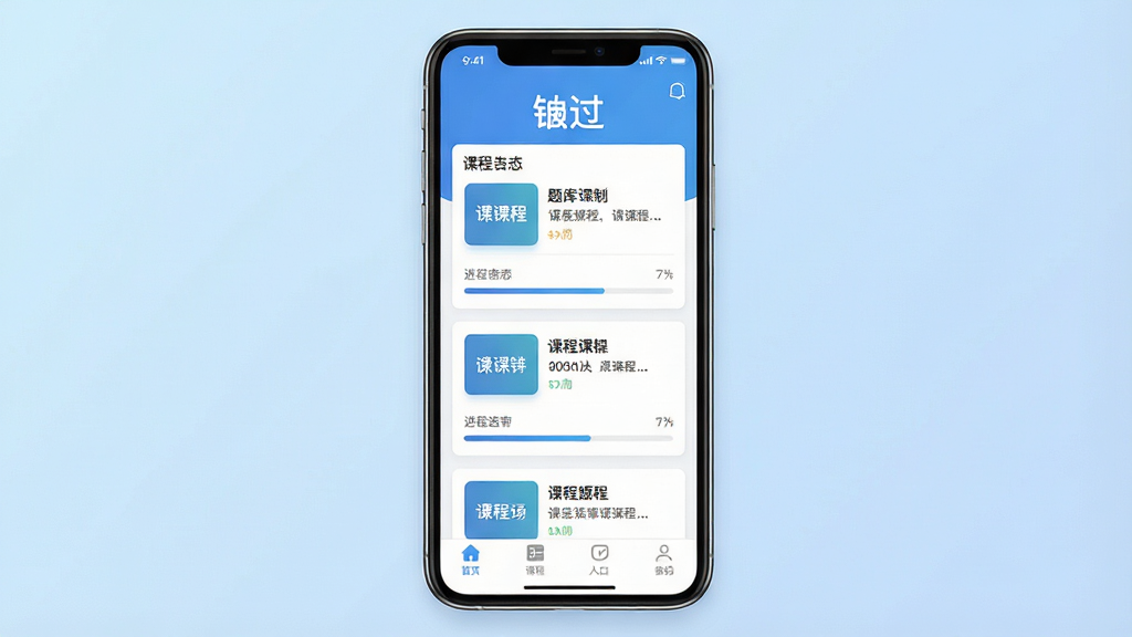 一张展示“铋过”软件主界面的手机应用预览图,画面中央是一部竖屏智能手机,屏幕内显示课程列表与题库入口,顶部有“铋过”文字标识,背景为浅蓝色渐变,布局简洁清晰,风格为现代扁平化UI设计,细节包含课程卡片、进度条、底部导航栏,画质高清干净无多余元素