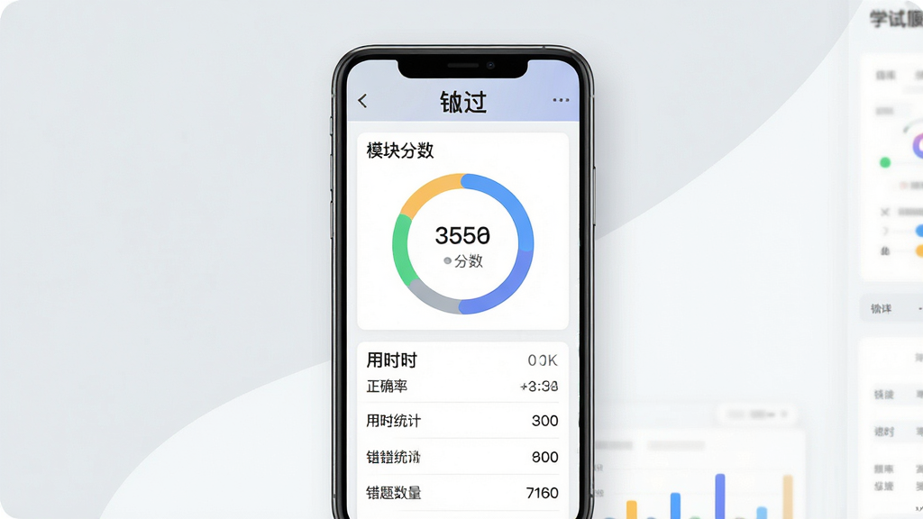 一张展示“铋过”模拟考试成绩报告界面的图片,画面中央为竖屏手机,屏幕内显示分数环形图与模块得分列表,顶部有“铋过”标识,背景为浅灰色与白色搭配,风格为数据可视化学习报告界面,细节包含正确率、用时统计、错题数量,画质高清干净无多余元素