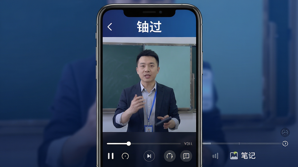 一张展示“铋过”视频课程播放界面的手机应用图,画面中央为竖屏手机,屏幕内显示讲师授课画面与课程目录,顶部标注“铋过”名称,背景为深蓝色渐变,风格为在线教育类App播放器界面,细节包含进度条、倍速按钮、笔记入口,画质高清干净无多余元素
