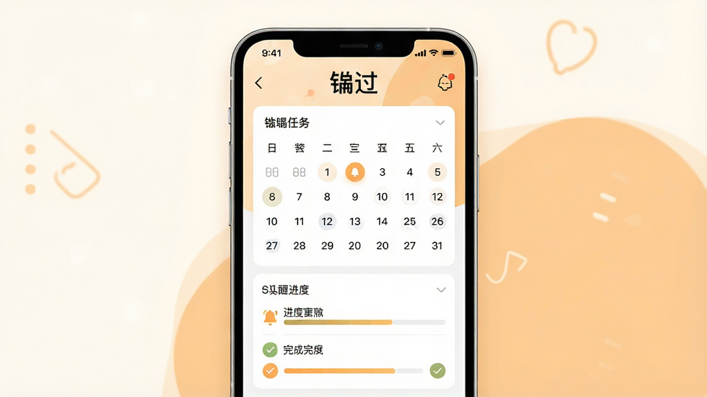 一张展示“铋过”学习计划与进度追踪界面的手机应用图,画面中央为竖屏手机,屏幕内显示日历打卡与进度条,顶部有“铋过”文字,背景为暖白色与淡橙色搭配,风格为效率工具类App界面,细节包含任务清单、提醒铃铛、完成勾选,画质高清干净无多余元素