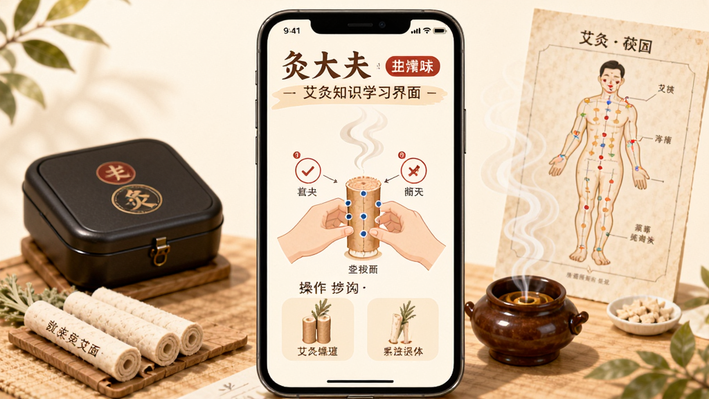灸大夫艾灸知识学习界面,画面中央为手机屏幕显示艾灸操作示意图,周围环绕艾条、艾灸盒、穴位图等元素,布局居中,排版清晰,风格为温馨中医插画,细节包含艾灸烟雾、穴位标注、操作步骤文字,画质高清,干净,无多余元素