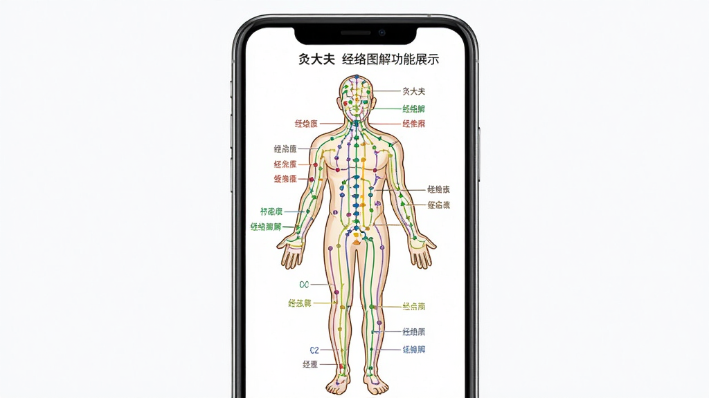 灸大夫经络图解功能展示,画面主体为手机屏幕内展示人体经络走向图,经络线条用不同颜色区分,布局居中,排版简洁,风格为医学图解插画,细节包含经络线条、穴位点、人体轮廓、颜色标注,画质高清,干净,无多余元素
