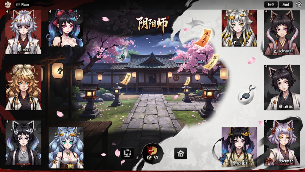 画面主体为阴阳师游戏主界面全景,布局中央是庭院场景,四周环绕式神角色立绘与功能按钮,排版采用对称式构图,风格为日系唯美和风,细节包括樱花飘落、纸灯笼、符咒光效,画质高清、干净、无多余元素,画面中可出现文字“阴阳师”。