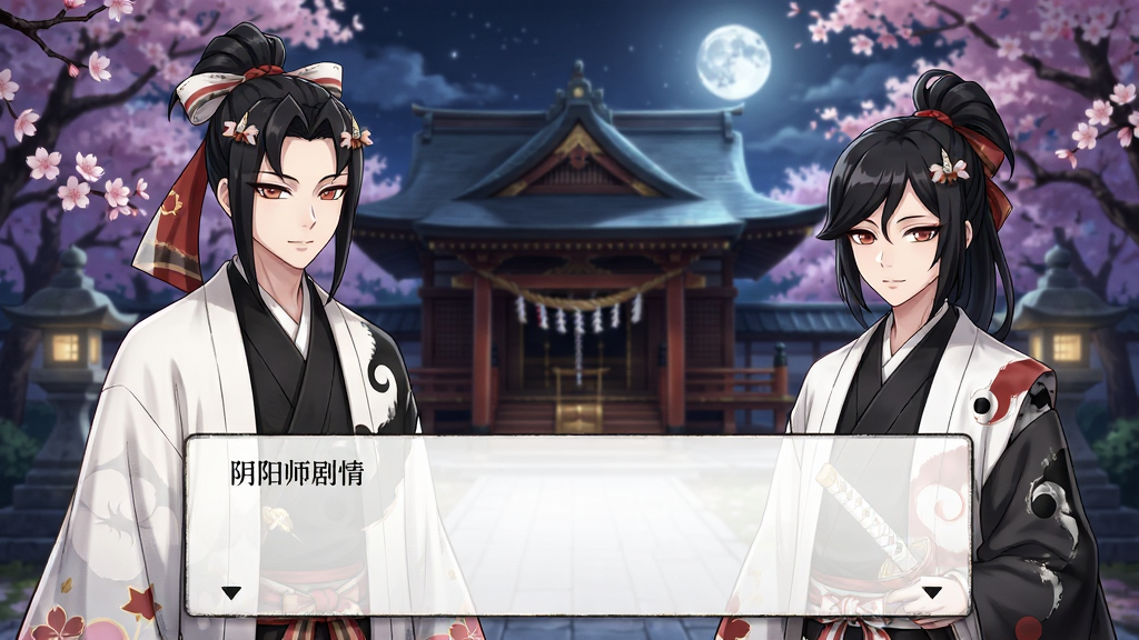 画面主体为阴阳师剧情对话场景,布局为角色半身立绘与对话框,排版采用视觉小说式界面,风格为日系和风动漫,细节包括背景中的神社、樱花、月光,画质高清、干净、无多余元素,画面中可出现文字“阴阳师剧情”。