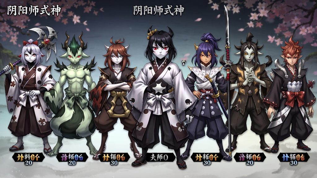 画面主体为多位阴阳师式神角色并排站立,布局为横向排列展示,排版清晰展示角色名称与稀有度标签,风格为日系和风插画,细节包括每位式神的服饰纹理、武器道具、背景光效,画质高清、干净、无多余元素,画面中可出现文字“阴阳师式神”。