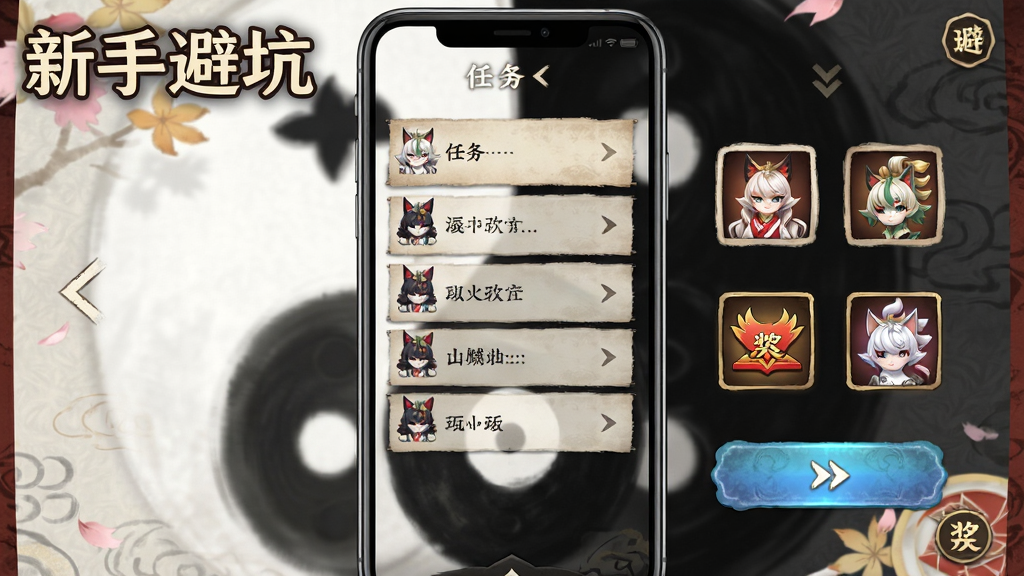 画面主体为阴阳师新手引导界面,布局为手机屏幕竖屏展示,排版包含任务列表与奖励图标,风格为日系和风UI,细节包括箭头指引、高亮按钮、式神小头像,画质高清、干净、无多余元素,画面中可出现文字“新手避坑”。