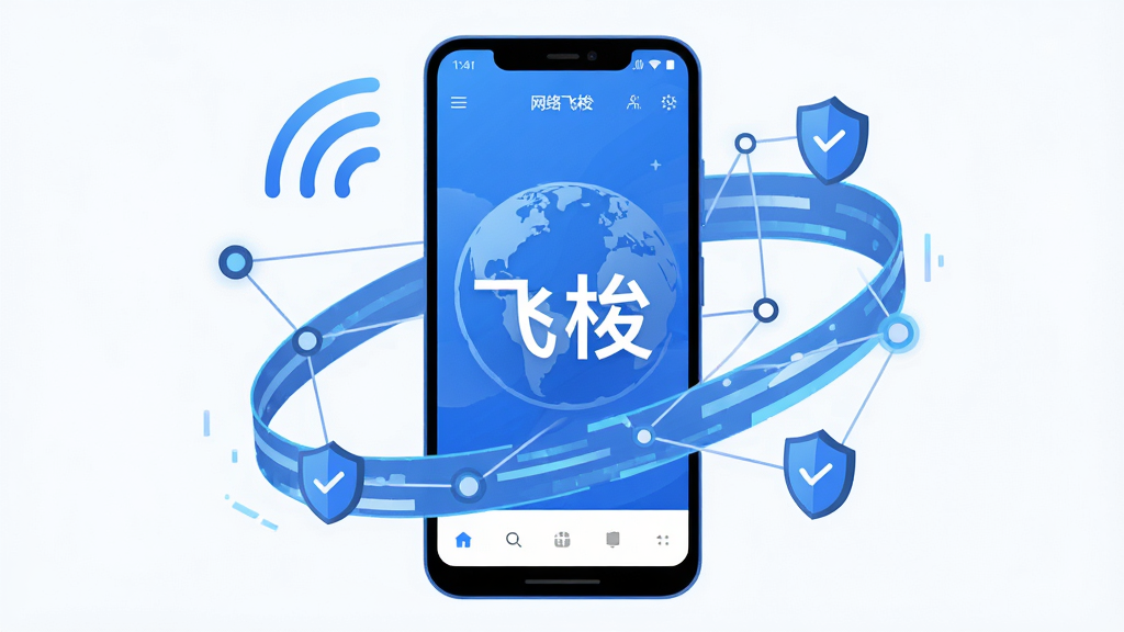 主体为一部安卓手机屏幕中显示蓝白色调的网络加速工具界面,布局为居中展示手机与环绕的数据流线条,排版简洁大气,风格为科技感扁平插画,细节包含信号波纹、地球轮廓、节点连线与盾牌图标,画面中打文字“飞梭”,画质高清,干净,无多余元素