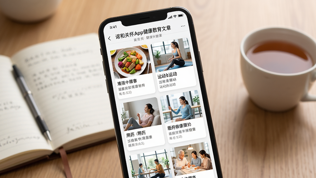 一张展示诺和关怀App健康教育文章列表页面的图片,手机屏幕上排列着多张图文并茂的健康知识卡片,包含饮食、运动、用药等主题,背景为柔和的书桌场景,旁边放着一本笔记本和一杯茶,风格温暖专业,细节上卡片缩略图清晰可辨,画质高清,干净,无多余元素。