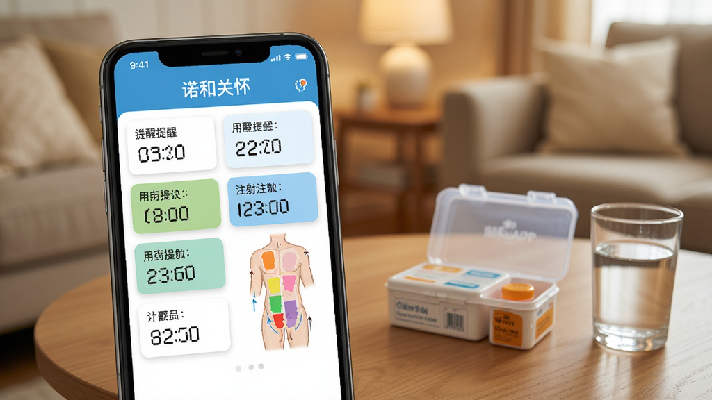 一张展示诺和关怀App用药提醒设置界面的图片,手机屏幕显示多个提醒时间卡片和注射部位人体示意图,背景为温馨的家庭环境,桌上放着药盒和水杯,风格生活化且专业,细节上人体示意图用不同颜色标注注射区域,画质高清,干净,无多余元素。