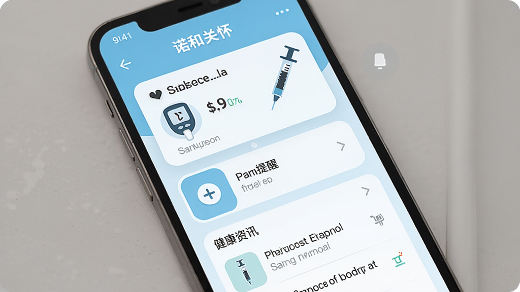 一张手机屏幕展示诺和关怀App主界面的图片,界面为浅蓝色调,包含血糖记录卡片、用药提醒图标和健康资讯列表,整体布局清晰整洁,风格现代医疗健康,细节上体现糖尿病管理元素如血糖仪图标和胰岛素笔图标,画质高清,干净,无多余元素。