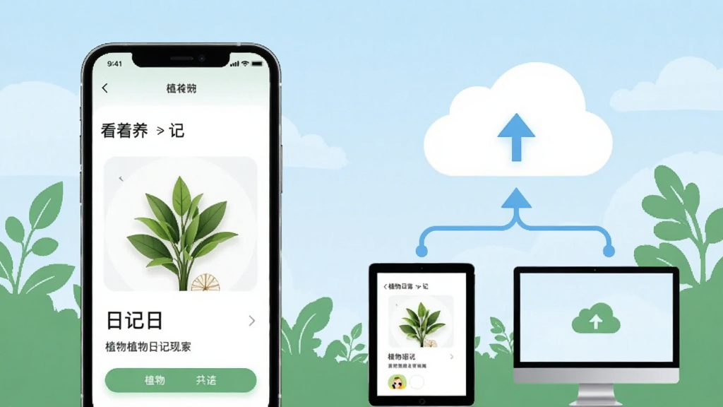 一张概念插图,画面左侧是一部手机显示“看着养”应用中的植物日记页面,右侧是一朵云和同步箭头图标,云朵下方连接着平板和电脑,象征数据同步,背景为淡蓝色天空和绿色植物剪影,风格简约科技感,画质清晰,干净无多余元素