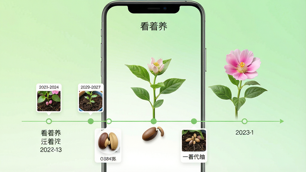 一张手机应用界面截图风格图片,画面中央是一株绿色植物从种子到开花的生长时间轴,时间轴上分布着多个小照片节点,每个节点标注日期和简短文字,界面顶部显示“看着养”应用名称,背景为浅绿色渐变,风格简洁现代,画质清晰,文字无乱码,干净无多余元素