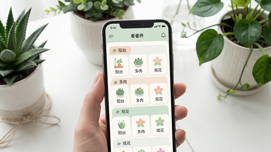 一张展示“看着养”应用多植物管理界面的图片,画面中手机屏幕显示多个植物分组标签如“阳台”“多肉”“观花”,每个分组下有小图标和植物名称,界面配色柔和,背景为白色桌面和几盆真实绿植点缀,风格清新,画质细腻,干净无多余元素
