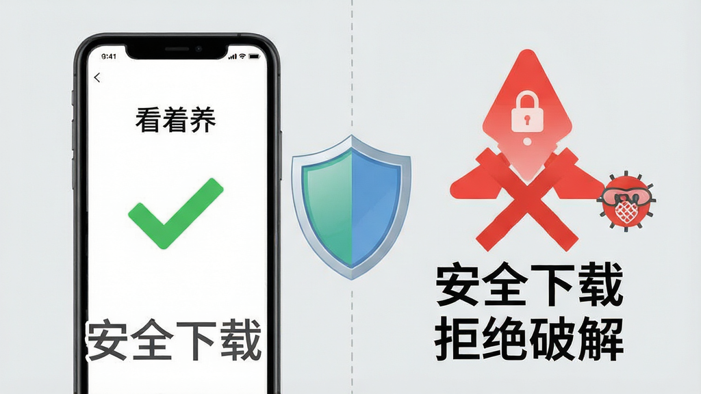 一张信息图风格图片,画面分为左右两部分,左侧是手机屏幕显示“看着养”应用正常运行的绿色对勾界面,右侧是带有红色叉号的警告图标和恶意软件图标,中间有盾牌保护符号,背景为浅灰色,风格简洁警示,画质清晰,文字为中文“安全下载”“拒绝破解”,干净无多余元素