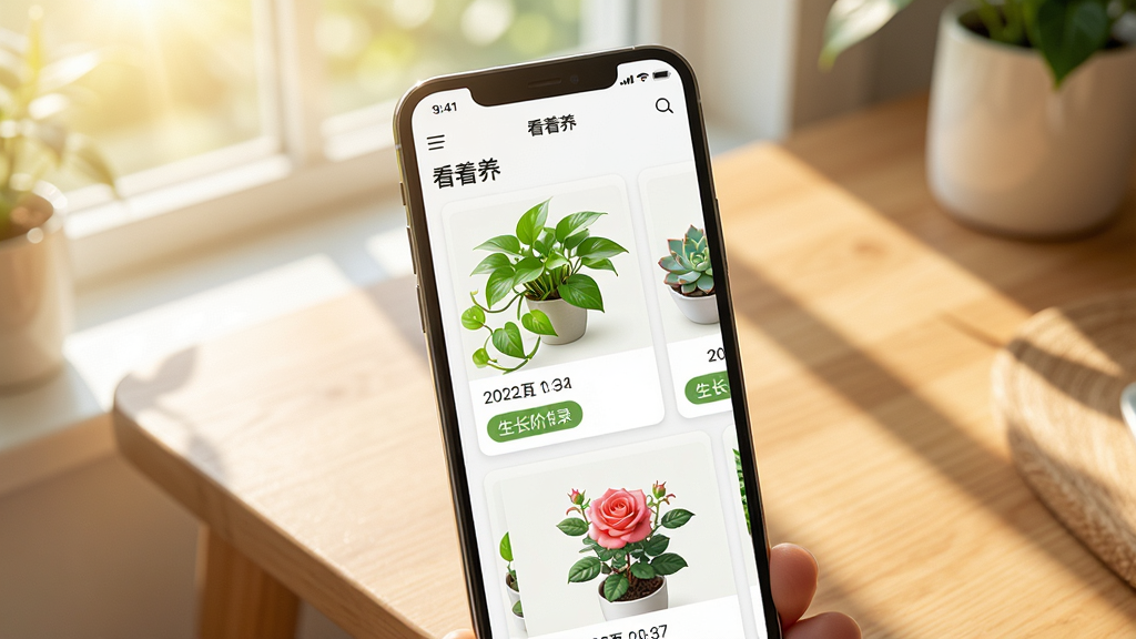 一张展示智能手机屏幕的图片,屏幕中打开着“看着养”应用界面,界面上显示多盆不同种类的绿色植物生长记录卡片,有绿萝、多肉、月季,每张卡片带有日期和生长阶段标签,背景是温馨的木质桌面和阳光透过窗户洒落,整体风格清新自然,画质清晰明亮,干净无多余元素