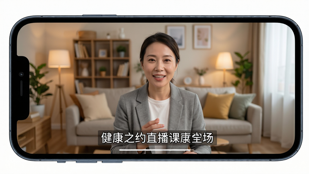 健康之约直播课堂场景,手机横屏显示直播画面,画面中有讲师与健康知识字幕,背景为温馨居家环境,风格写实,细节清晰,画质干净,无多余元素