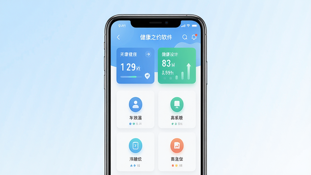 健康之约软件主界面展示,画面中央放置一部智能手机,屏幕显示健康管理应用首页,包含数据卡片与功能图标,背景为浅蓝与白色渐变,风格清新简洁,细节清晰,画质干净,无多余元素