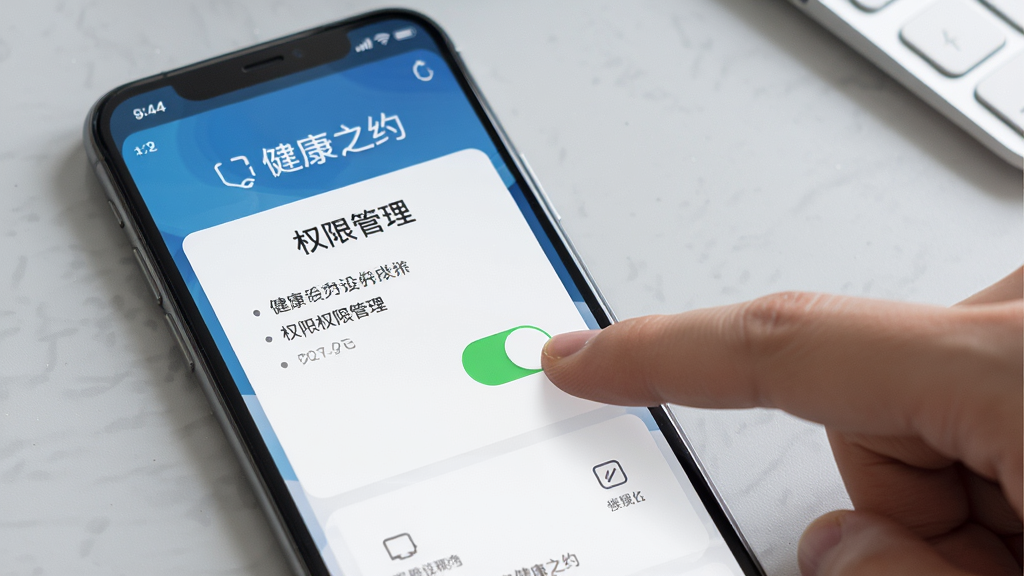 健康之约安装设置界面,手机屏幕显示权限管理页面,旁边有手指点击开关的动作,背景为浅灰色桌面,风格写实,细节清晰,画质干净