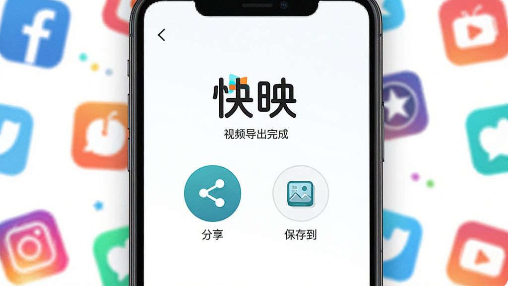 手机屏幕显示“快映”视频导出完成界面,画面中有分享按钮和保存到相册的图标,背景中有多个社交平台图标环绕,布局居中,风格明亮活泼,细节清晰,画质高清,干净,无多余元素