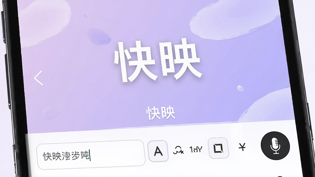 手机界面展示“快映”字幕编辑功能,视频画面下方有字幕输入框和字体样式选择栏,旁边有麦克风图标表示配音功能,画面中文字幕显示“快映”字样,背景为柔和的浅紫色渐变,布局清晰,风格现代简约,细节细腻,画质高清,干净,无多余元素