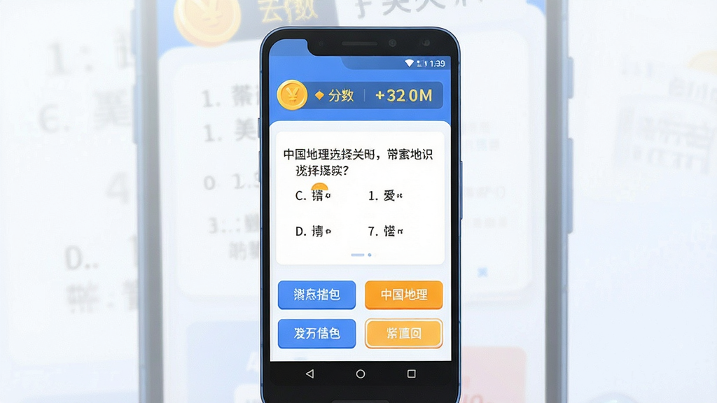 一张展示知识问答软件主界面的竖版手机截图风格插画,画面中央是一部安卓手机,手机屏幕内显示知识问答的答题界面,上方有醒目的金币与分数计数器,中间是一道关于中国地理的选择题,下方排列四个选项按钮,整体配色以蓝白为主,点缀橙黄色高亮按钮,背景为干净的浅色渐变,风格简洁明快,画质清晰,无多余元素。