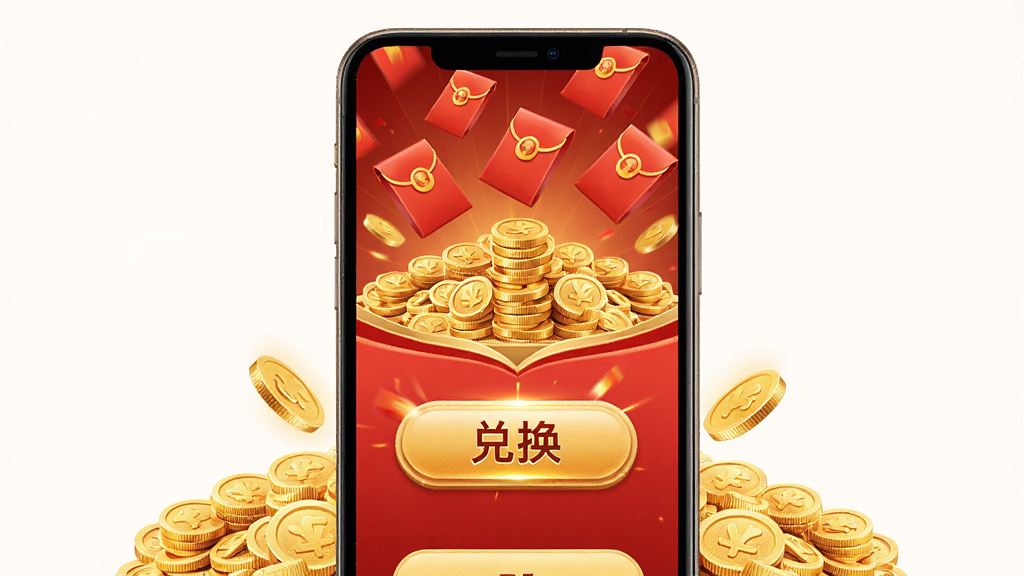 一张知识问答红包版奖励界面的手机UI设计图,画面中一部手机屏幕显示金币堆积如山,红包从屏幕上方飘落,界面中央有醒目的兑换按钮,整体色调以红色和金色为主,营造喜庆氛围,风格写实且富有质感,画质高清,干净无杂乱元素。
