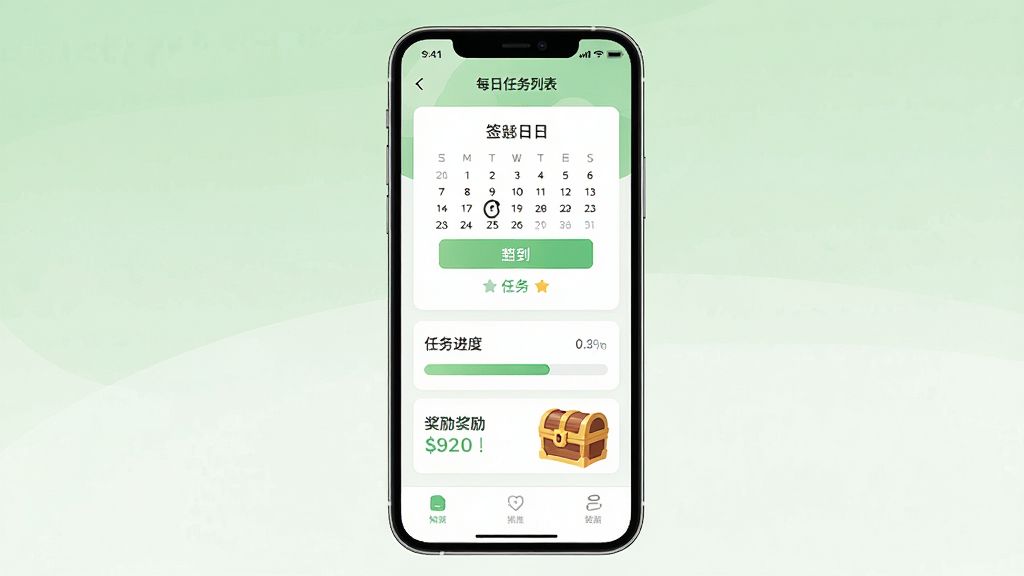 一张知识问答每日任务列表界面的手机截图风格图,画面中手机屏幕显示签到日历、任务进度条和奖励宝箱,界面设计简洁现代,配色以浅绿和白色为主,图标清晰精致,背景干净,画质锐利,主体居中,无多余元素。