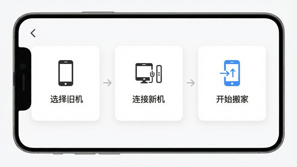 手机换机一键搬家操作界面展示,画面中显示三步操作流程图,分别为“选择旧机”“连接新机”“开始搬家”,界面为白色卡片式设计,图标清晰,风格清新简洁,画质干净,无多余元素