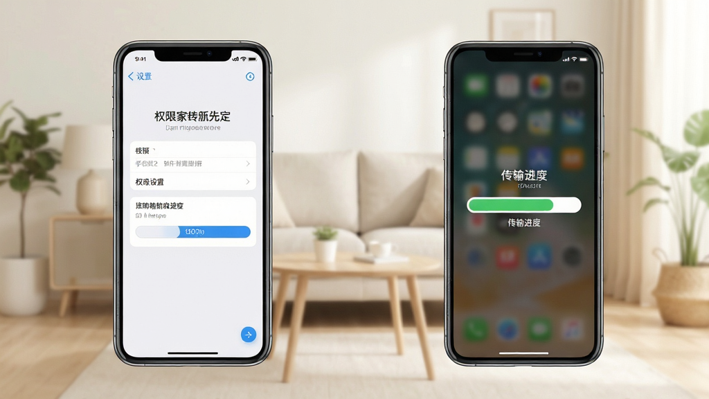 手机换机一键搬家新手操作示意图,画面中一部手机显示权限设置界面,另一部手机显示传输进度条,背景为浅色家居环境,风格生活化,排版清晰,画质干净,无多余元素