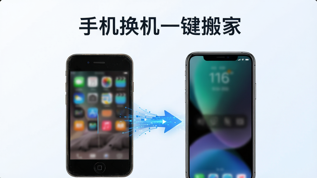 手机换机一键搬家软件主界面展示,画面中央是一部旧手机与一部新手机并排摆放,中间有蓝色数据流箭头连接,背景为干净的浅色渐变,顶部有“手机换机一键搬家”文字标识,整体风格简洁科技感,排版清晰,画质高清,干净无多余元素