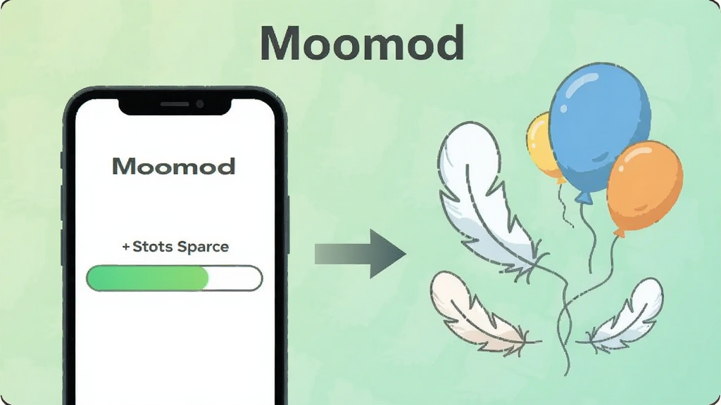 一张表现Moomod轻量运行特性的概念图,画面左侧是一部手机显示存储空间充足的进度条,右侧是羽毛和气球等代表轻量的元素,中间用箭头连接,背景为浅绿色渐变,扁平化插画风格,画面中文字标注“Moomod”,高清画质,干净无多余元素