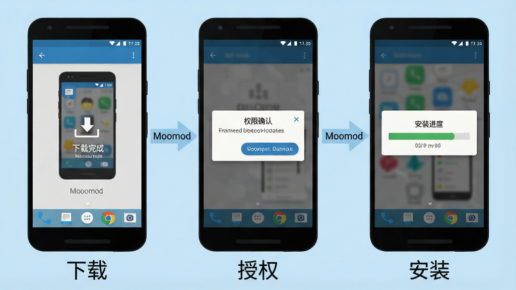 一张展示安卓手机安装Moomod过程的步骤示意图,画面分为三个并列的手机屏幕,分别显示下载完成、权限确认弹窗、安装进度条三个阶段,每个手机下方有对应的文字标注“下载”“授权”“安装”,背景为浅蓝色,扁平化教学插画风格,画面中文字标注“Moomod”,高清画质,排版清晰,无多余元素