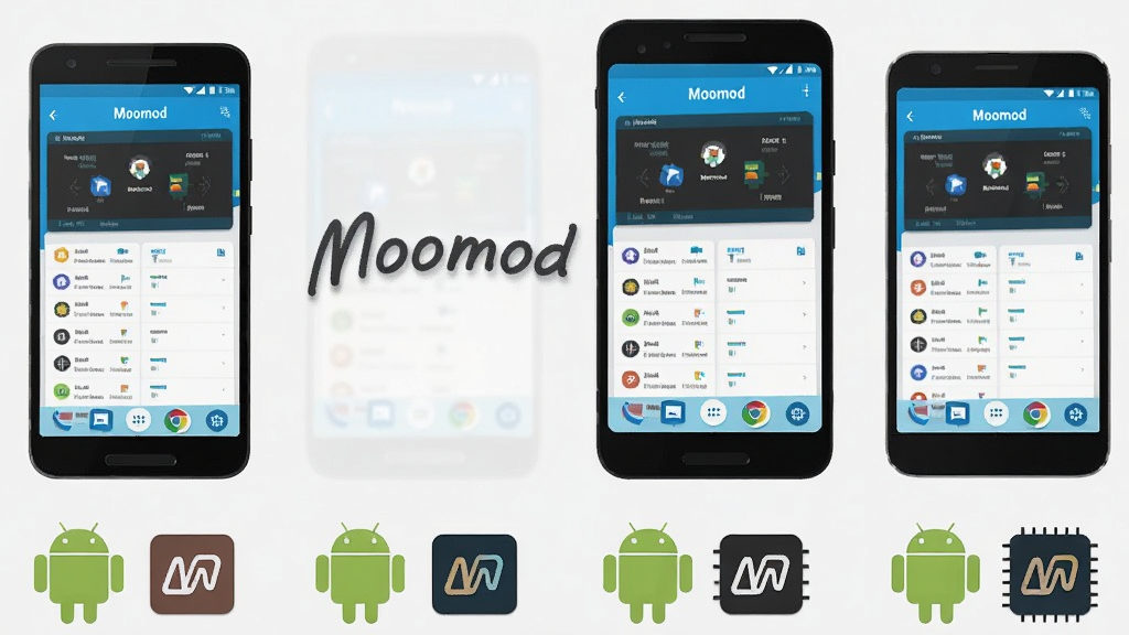 一张展示Moomod兼容多种安卓设备的示意图,画面中并排摆放三到四部不同尺寸和比例的安卓手机,每部手机屏幕上都显示Moomod的界面,手机下方有安卓机器人图标和不同芯片品牌的抽象标识,背景为浅灰色,扁平化风格,画面中文字标注“Moomod”,高清画质,排版整洁,无多余元素