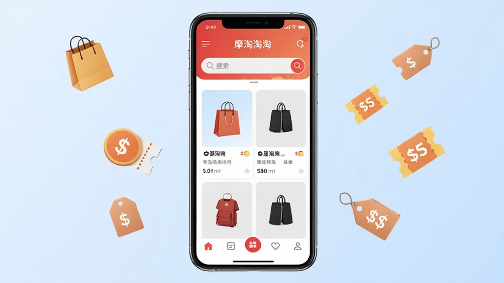 一张展示摩淘淘手机应用主界面的图片,画面中央是一部智能手机,屏幕上显示摩淘淘APP的首页,包含商品推荐卡片、搜索栏和底部导航栏,背景是柔和的浅蓝色渐变,周围漂浮着购物袋、优惠券、价格标签等小图标,风格清新现代,细节清晰,画质干净,无多余元素