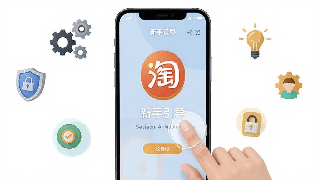 一张AI生成的图片,主体是手机屏幕显示摩淘淘的新手引导页面,画面中有手指点击屏幕的动画效果,周围有齿轮、盾牌、灯泡等图标代表设置与安全提示,布局清晰,风格扁平化,细节丰富,画质干净,无多余元素