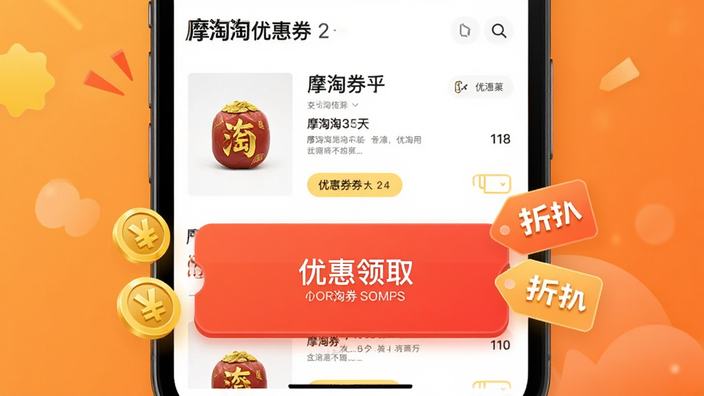 一张展示摩淘淘优惠券匹配功能的界面图,画面中手机屏幕显示商品详情页,下方弹出红色优惠券领取按钮,旁边有金币和折扣标签装饰,背景是暖橙色渐变,风格活泼明快,细节清晰,画质干净,无多余元素