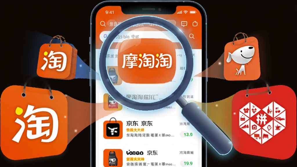一幅AI生成的插画,主体是一个发光的搜索放大镜悬浮在手机屏幕上方,屏幕内显示摩淘淘的搜索结果列表,左右两侧分别有淘宝、京东、拼多多的购物袋图标向中间汇聚,布局对称,风格扁平化科技感,细节丰富,画质清晰,干净无杂乱元素