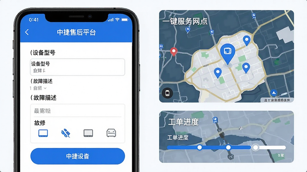 中捷售后平台一键报修功能界面,画面展示手机屏幕中填写设备型号和故障描述的报修表单,旁边有服务网点地图标记和工单进度条,布局为左右分栏,排版整齐,风格为简洁商务风,细节包括蓝色按钮、设备图标和进度节点,画质高清,干净,无多余元素