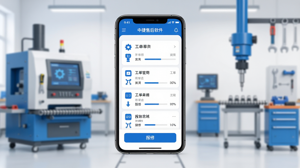 中捷售后平台软件主界面展示,画面中央放置一部智能手机,屏幕显示应用首页的工单列表和报修按钮,背景为简洁的工业设备维修场景,布局采用居中构图,排版清晰,风格为现代科技感扁平化设计,细节包括蓝色主色调、设备图标和进度条元素,画质高清,干净,无多余元素