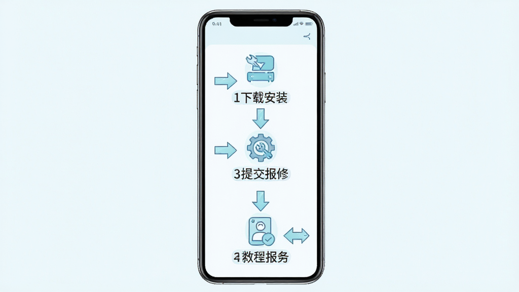 中捷售后平台新手操作指引示意图,画面展示手机屏幕中带有步骤编号的操作流程图,从下载安装到提交报修的完整路径,布局为纵向流程图结构,排版清晰,风格为清新浅色教育风,细节包括箭头指引、图标说明和文字标注,画质高清,干净,无多余元素
