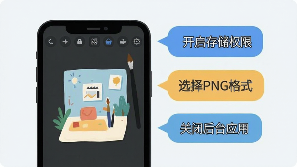 画板painting实用操作小贴士示意图,手机屏幕显示画板界面,旁边有提示气泡标注“开启存储权限”“选择PNG格式”“关闭后台应用”等文字,扁平化插画风格,浅色背景,布局清晰,画质干净,无多余元素