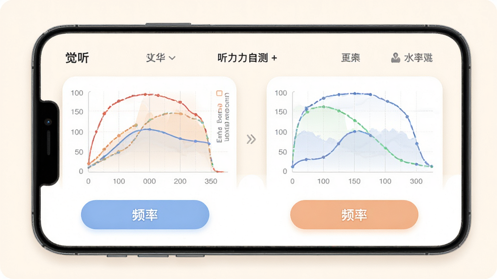 画面展示“觉听”APP的听力自测页面,手机屏幕显示左右耳听力曲线图和频率测试按钮,界面采用卡片式布局,背景为温暖的米白色,风格为医疗健康类清新风,细节包括清晰的曲线图表、圆润的测试按钮和柔和的色彩分区,画质高清,干净,无多余元素