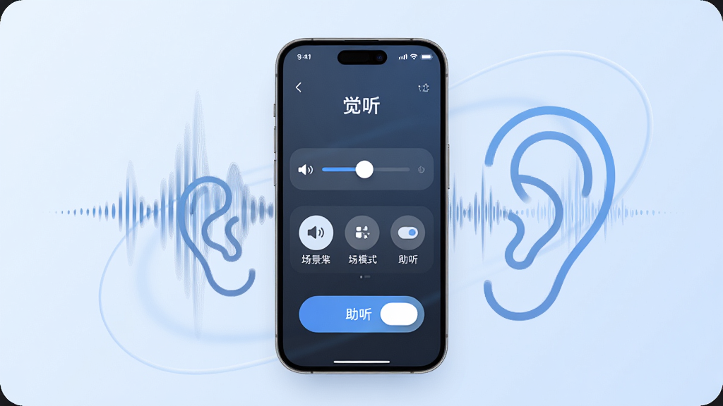 画面中央展示一部智能手机,屏幕显示“觉听”APP主界面,界面包含音量调节滑块、场景模式图标和助听开关按钮,手机周围环绕声波纹理与耳朵轮廓线条,背景为柔和的浅蓝色渐变,布局采用居中对称构图,风格为现代科技简约风,细节包括清晰的UI图标、圆润的按钮和细腻的声波渐变,画质高清,干净,无多余元素
