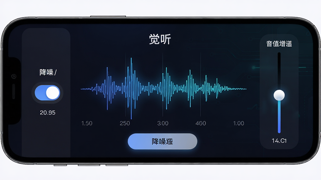 画面展示“觉听”APP的实时声音增强界面,手机屏幕中央显示跳动的声波频谱图,左侧为降噪开关,右侧为音量增益滑块,背景为深色科技感渐变,布局采用左右分栏排版,风格为现代音频工具风,细节包括发光的声波线条、清晰的数值刻度和柔和的按钮光效,画质高清,干净,无多余元素