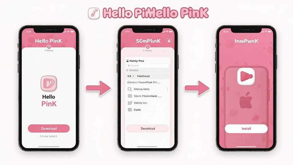 一张Hello PinK安装步骤示意图,画面展示手机屏幕上从下载到安装完成的流程界面,粉色主题风格,布局清晰,画质干净,画面中包含Hello PinK文字