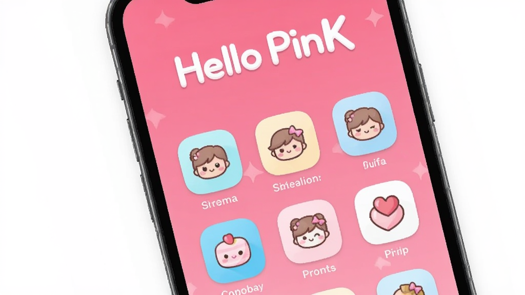 一张手机屏幕展示Hello PinK应用主界面的图片,画面中央是粉色渐变背景,界面上有圆润可爱的图标排列,顶部显示Hello PinK字样,整体风格清新甜美,布局简洁,画质清晰干净,无多余元素