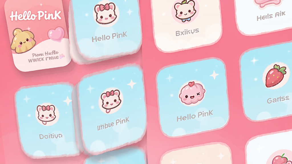一张Hello PinK应用界面的展示图,主体是粉色渐变背景下的多个圆角功能卡片,卡片上有可爱的小图标,布局整齐,风格甜美清新,画质高清干净,画面中带有Hello PinK文字标识