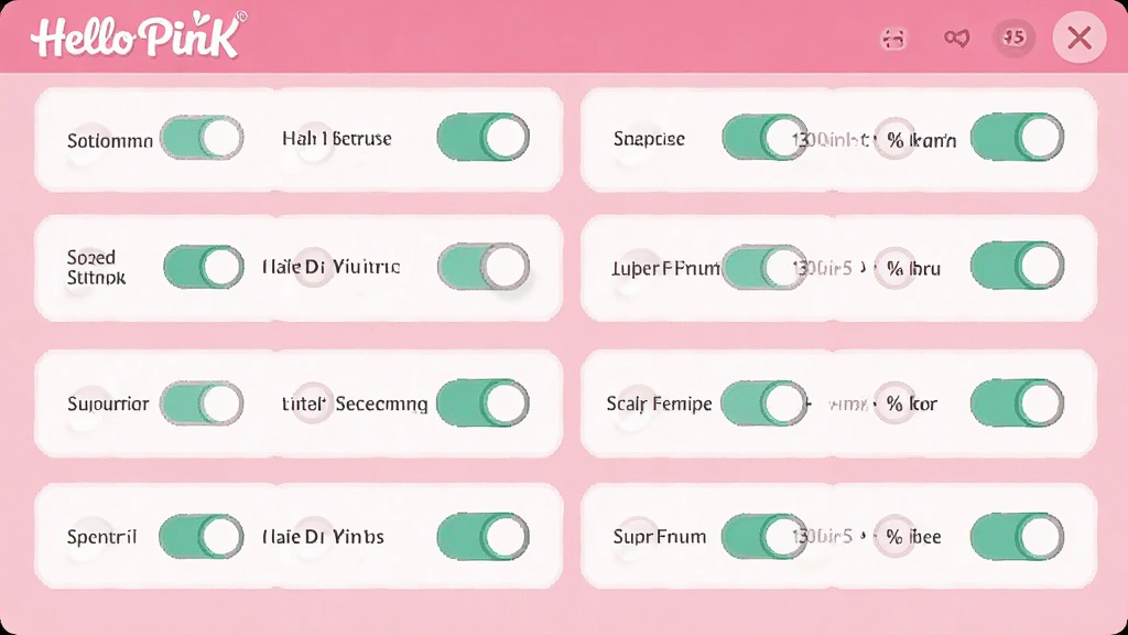 一张Hello PinK设置界面的示意图,粉色系背景上排列着多个设置选项开关,界面整洁有序,风格简约可爱,画质高清,画面中带有Hello PinK标识