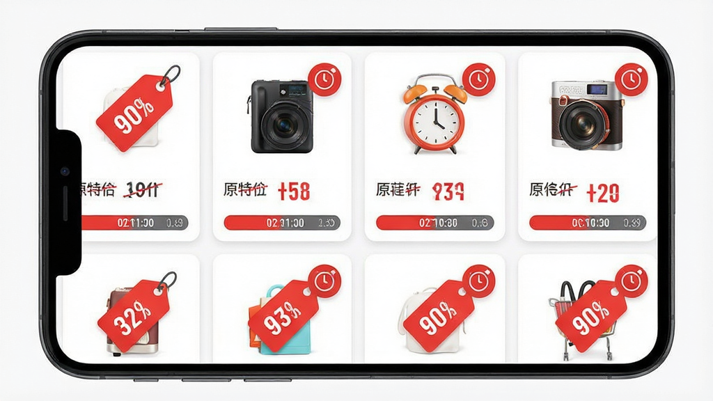 一张展示惊喜特价购物限时特价专区界面的图片,主体为手机屏幕,屏幕上显示多个特价商品卡片,每个卡片包含商品图、原价划线、特价数字、倒计时进度条,布局为两列网格,风格为明亮促销风,细节包括红色价签、时钟图标,画质高清,干净,无多余元素