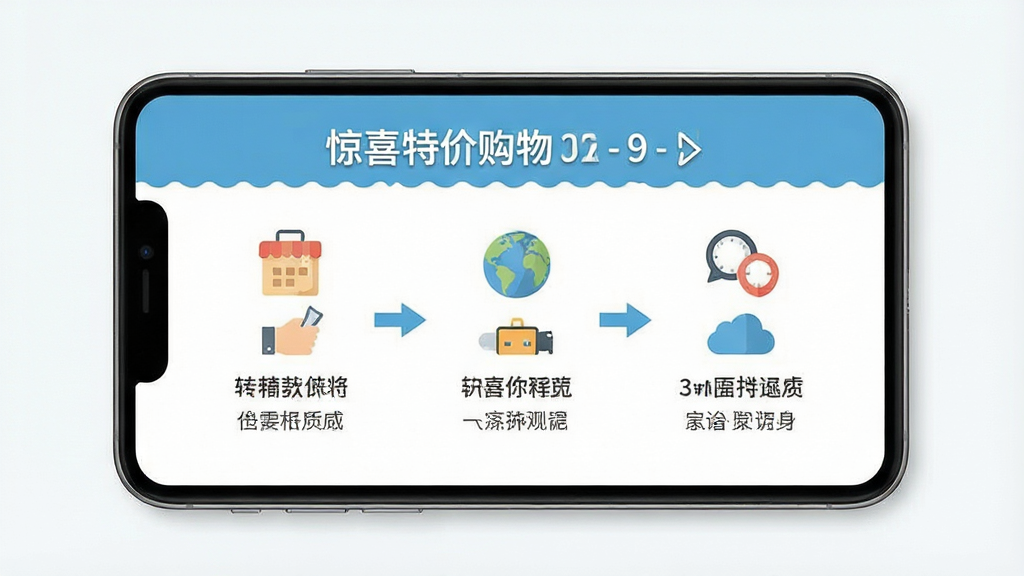 一张展示惊喜特价购物新手操作指引的图片,主体为手机屏幕,屏幕上显示简洁的步骤引导页,布局为上下结构,风格为扁平化教程风,细节包括图标、箭头指示、文字说明,画质高清,干净,无多余元素
